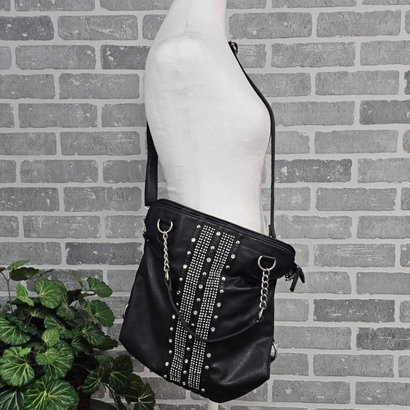 Maurices Black Convertible Crossbody Hand Bag Rhinestone Studded Purse Large - Picture 3 of 11